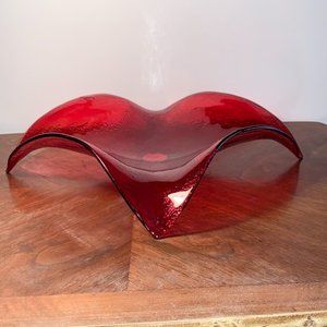Vintage Red Glass Bowl, Bowring, square, wavy, 16"x16"x4"